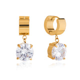 Gold huggie earrings with round solitaire stones water resistant design.