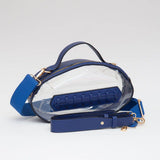 Clear football crossbody bag with royal blue vegan leather trim, gold hardware, and adjustable strap.