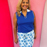 Royal blue polo tank with white trim and collar in soft stretch fabric.