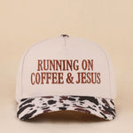 Two-tone cotton hat with Running On Coffee & Jesus embroidered detail.