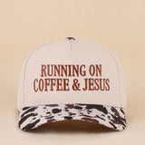 Two-tone cotton hat with Running On Coffee & Jesus embroidered detail.