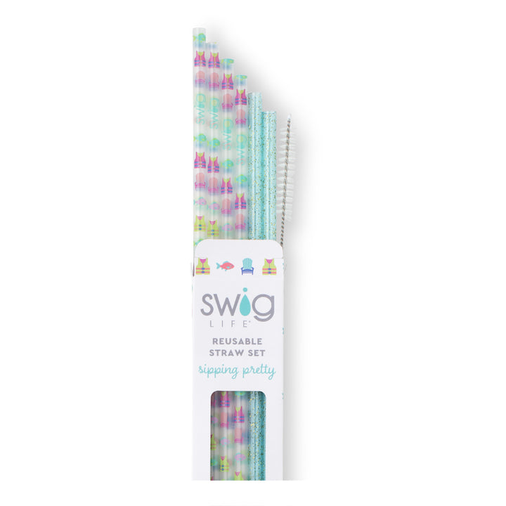 Swig Lake Girl Aqua Glitter Reusable Straw Set