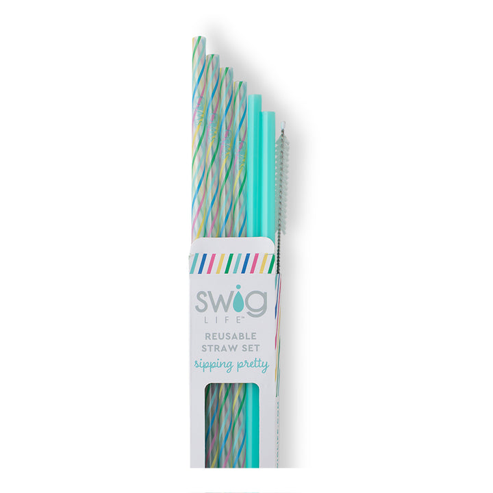 Swig Rainbow Stripe + Aqua Reusable Straw Set