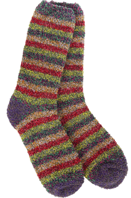 A pair of plush crew socks with a bold horizontal stripe pattern in red, purple, green, and yellow.