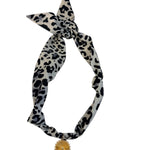 Gray Scarf Necklace with black leopard spots, knotted design, sunburst charm, and crystal center.