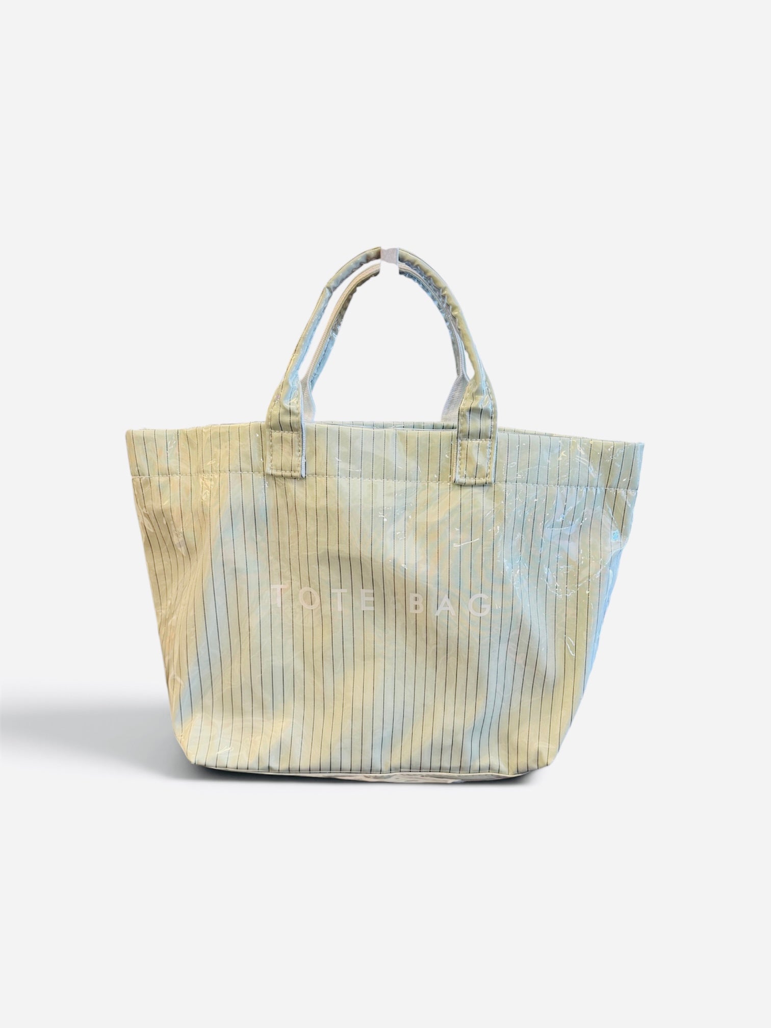 Sage green pinstripe PVC tote bag with glossy finish and double handles.