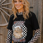 Holiday Santa tee with black and white checks, leopard accents, and plaid details.