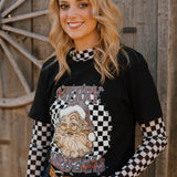 Holiday Santa tee with black and white checks, leopard accents, and plaid details.