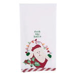 Embroidered Santa tea towel with stocking, holly, and twinkling lights on soft cotton fabric.