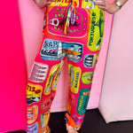Colorful sardine print pants with patchwork design and drawstring waist relaxed fit