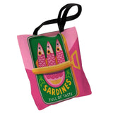 Sardines market tote bag with pink and green fish graphics.