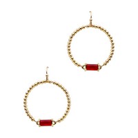 Gold beaded dangle earrings with rectangular ruby-red stone, 2-inch length.
