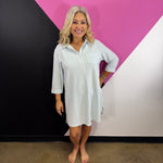 Sea Angel striped collared shirt dress with button front, chest pocket, and three-quarter sleeves