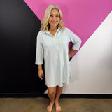 Sea Angel striped collared shirt dress with button front, chest pocket, and three-quarter sleeves