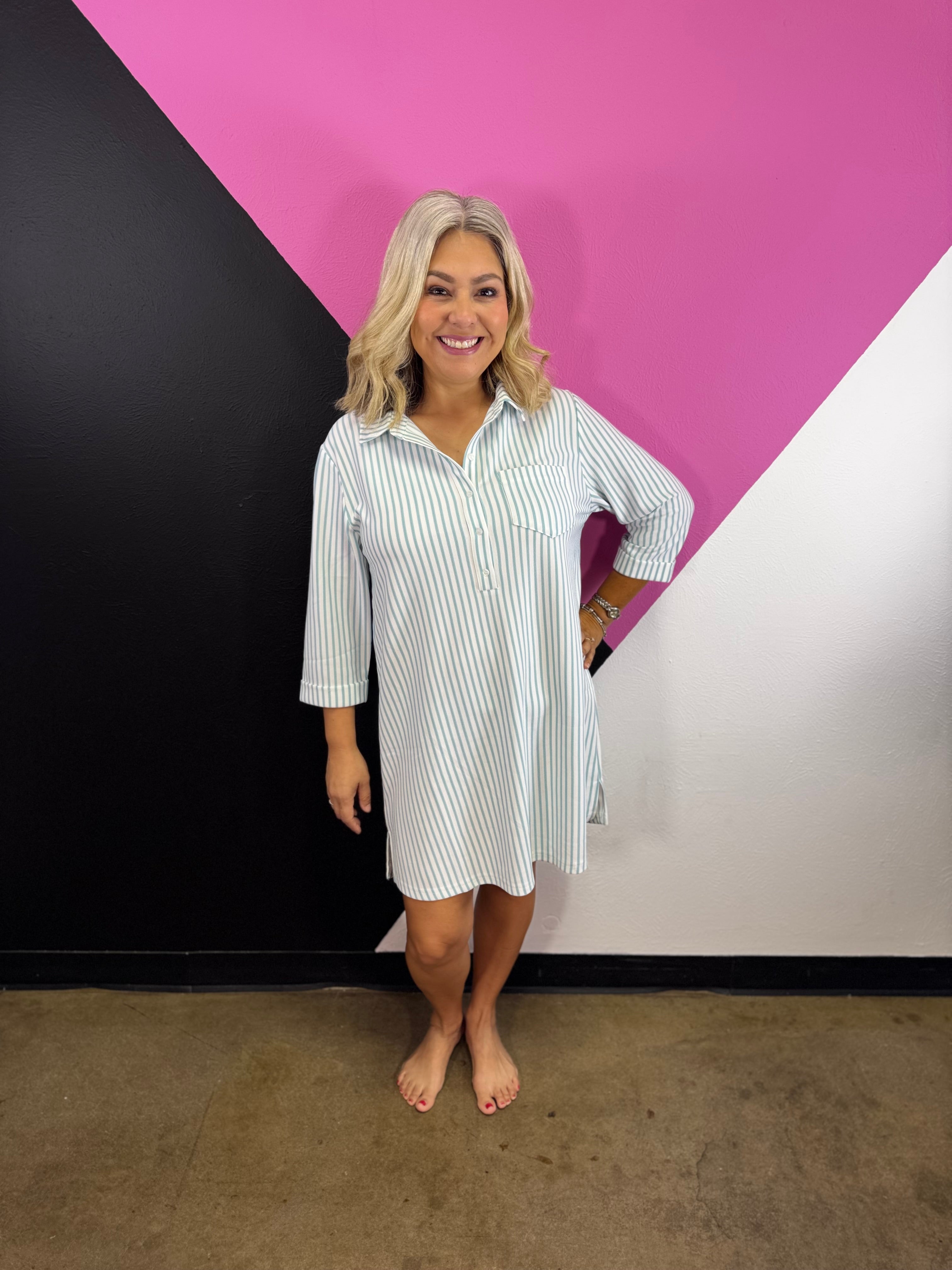 Sea Angel striped collared shirt dress with button front, chest pocket, and three-quarter sleeves