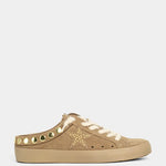Camel suede backless sneakers with metallic studs, star details, and textured laces.