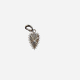 Silver vintage heart charm with crystal center, sunburst ridges, and lobster clasp