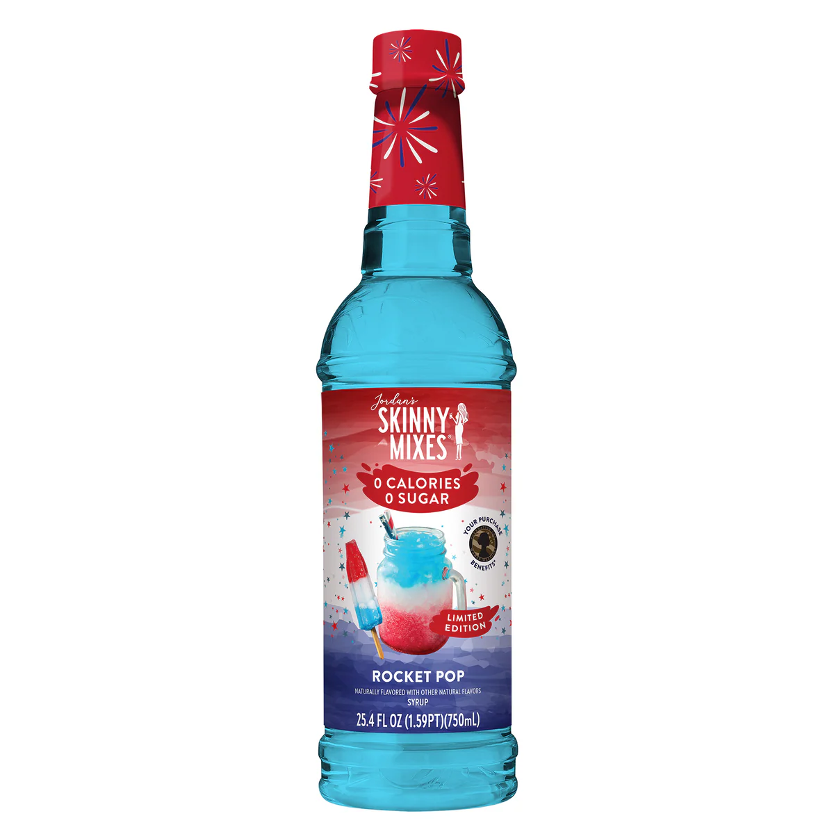 Sugar free Rocket Pop syrup bottle with cherry, lime, and blue raspberry flavors for zero calorie drinks.