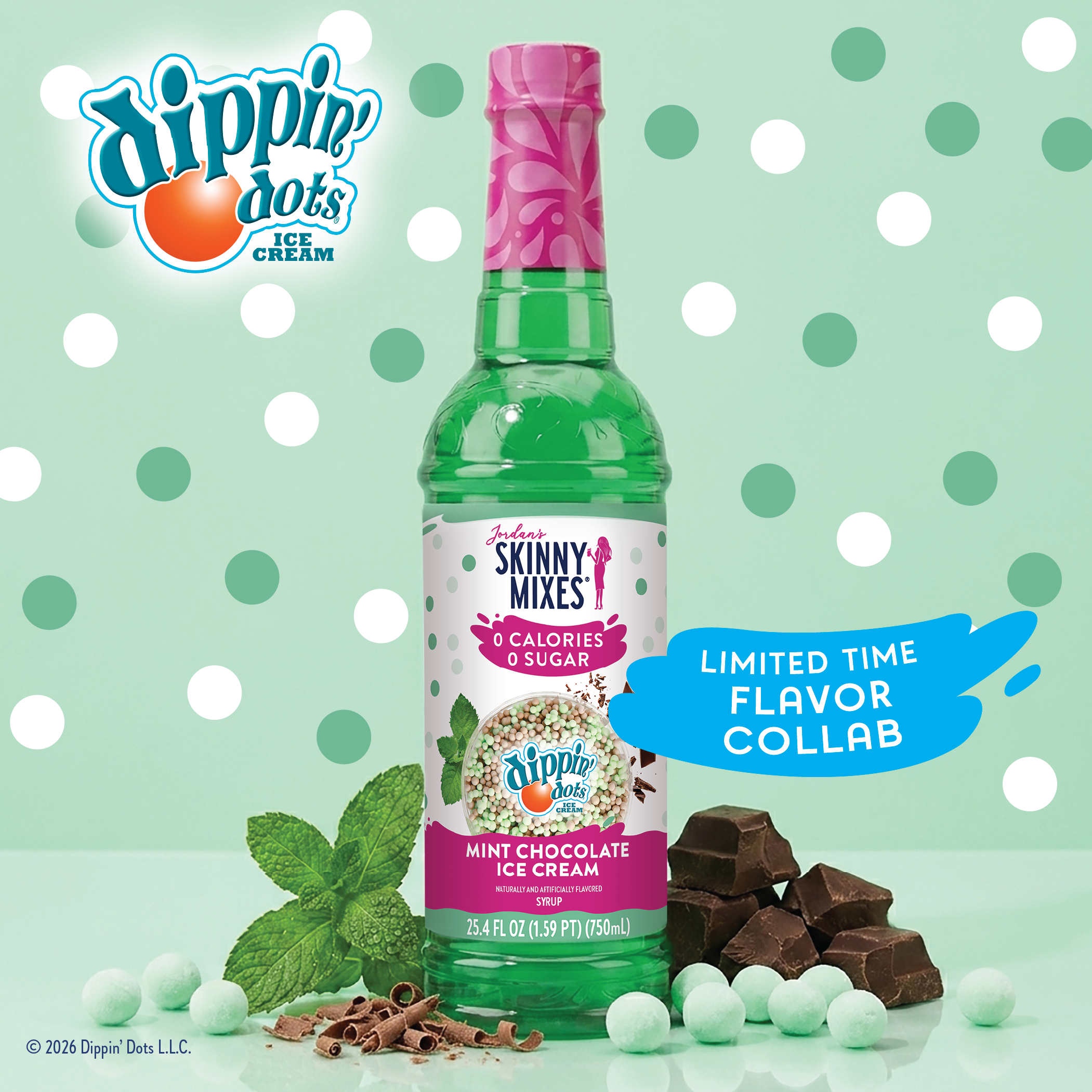 Bottle of Skinny Mixes sugar free Dippin' Dots Mint Chocolate Ice Cream Syrup.