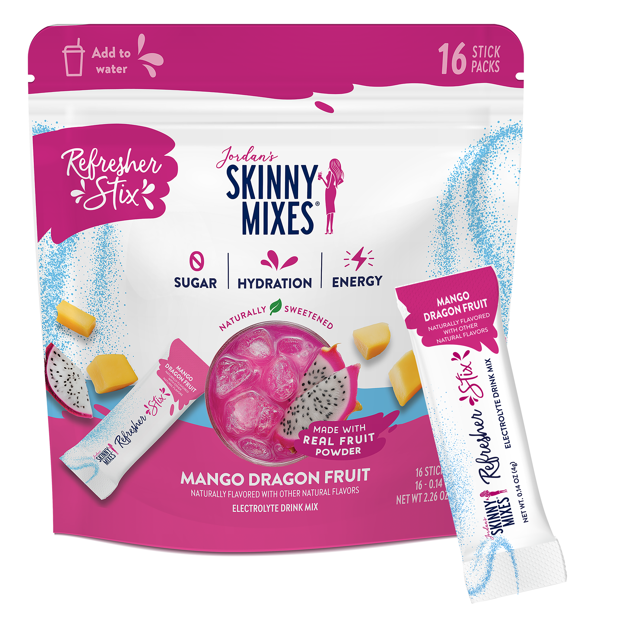 Dragon fruit mango electrolyte drink mix with 16 single-serve hydration sticks.