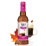 Skinny Mixes sugar-free Maple Bourbon Pecan syrup bottle with 0 calories, 0 sugar, 0 carbs.