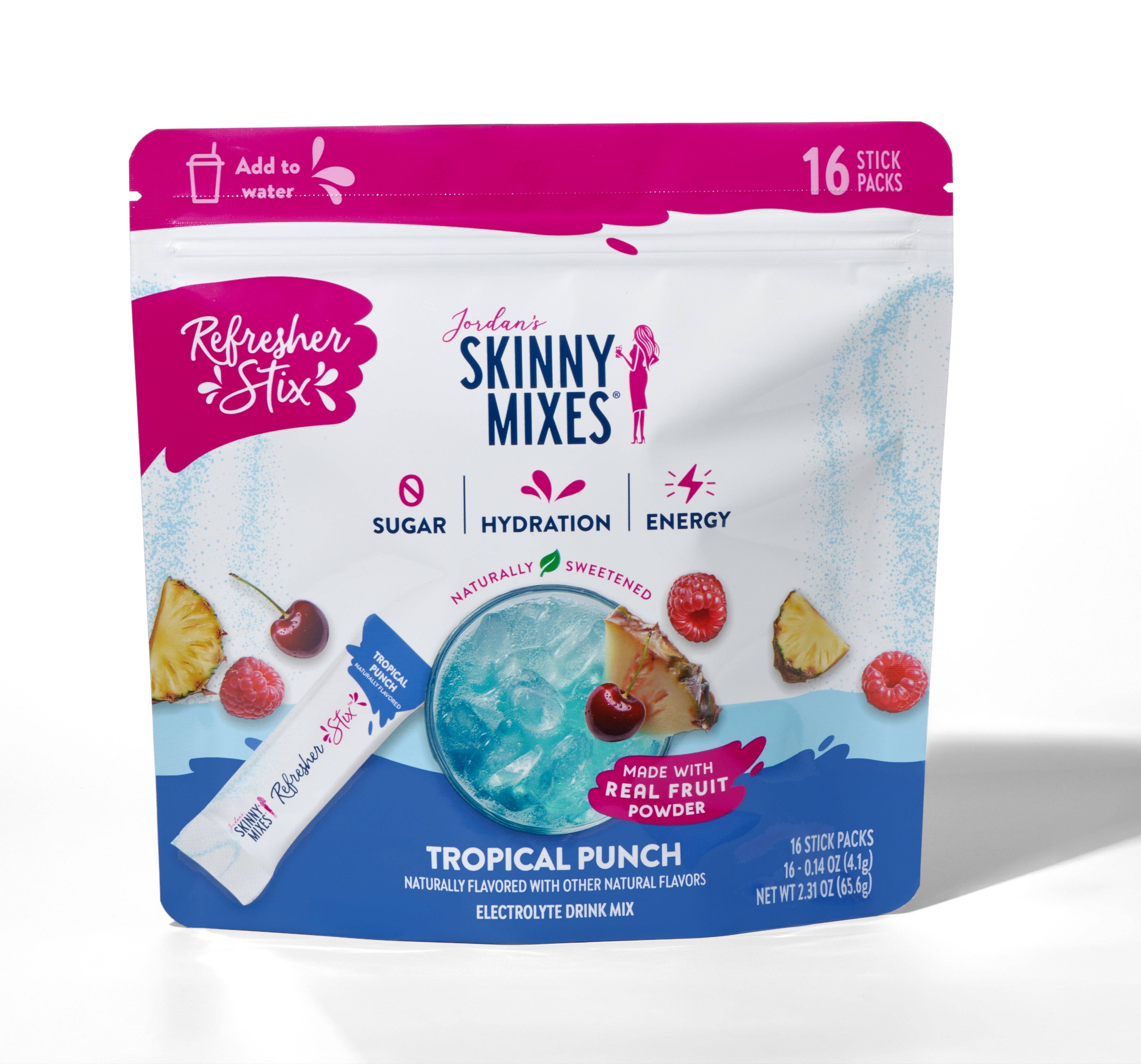Tropical Punch electrolyte drink mix with 16 single-serve hydration sticks.
