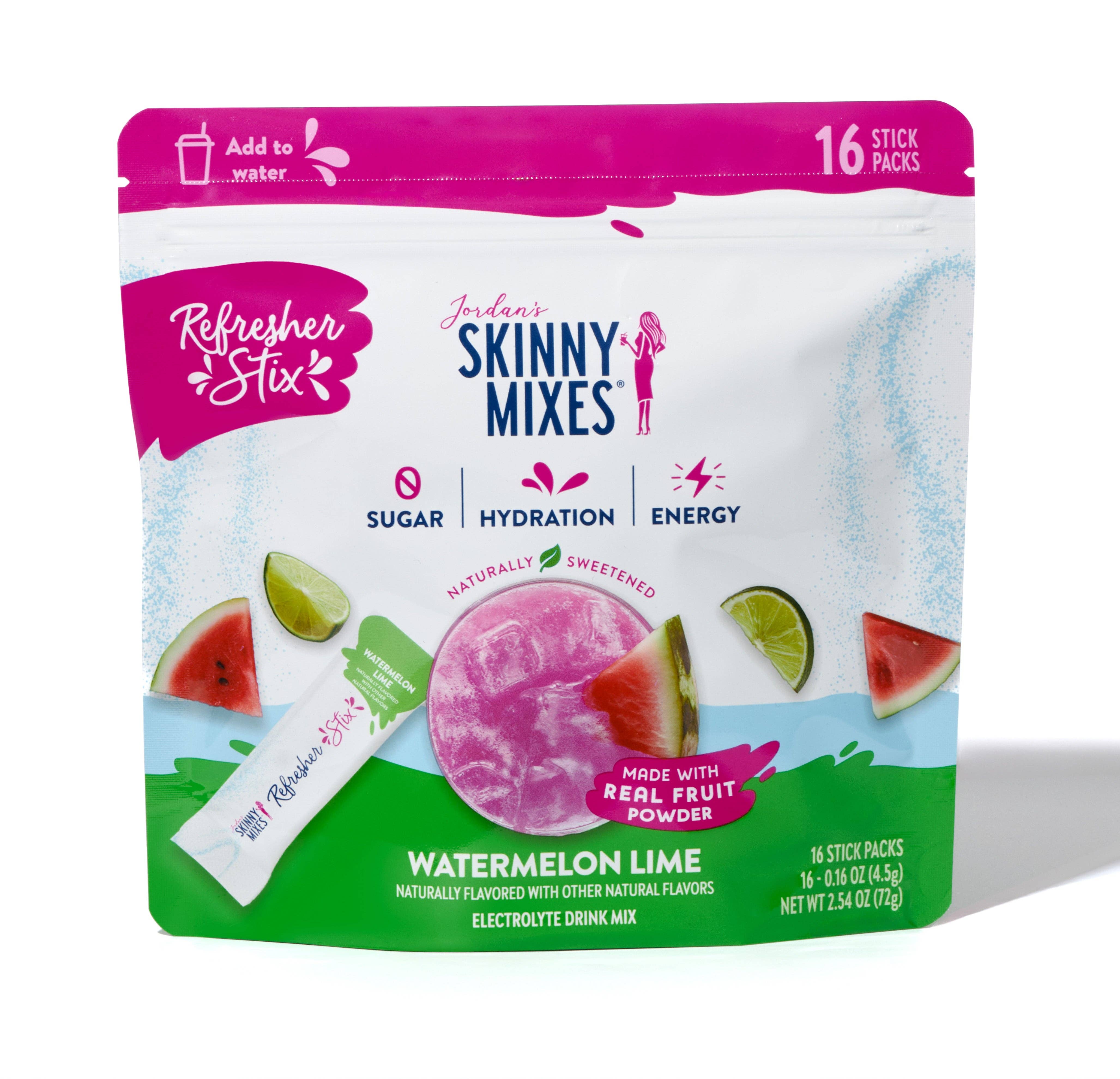 Watermelon lime electrolyte drink mix with 16 single-serve hydration sticks.