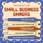 Set of five black ink pens with funny small business owner sayings.