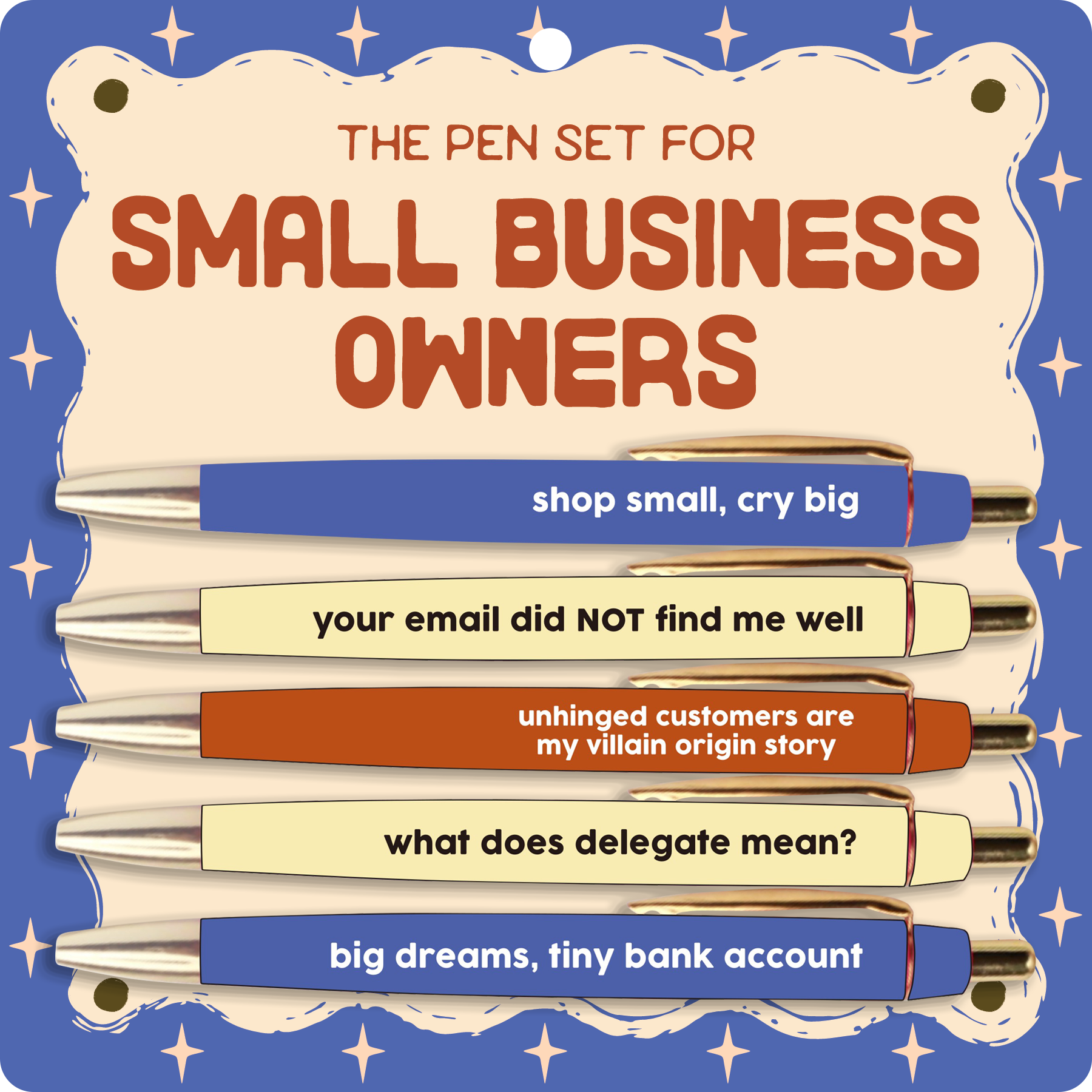 Set of five black ink pens with funny small business owner sayings.