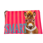 Pink striped Smart Donkey Leather pouch with rhinestone glasses, polka dots, and zipper closure.
