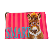 Pink striped Smart Donkey Leather pouch with rhinestone glasses, polka dots, and zipper closure.