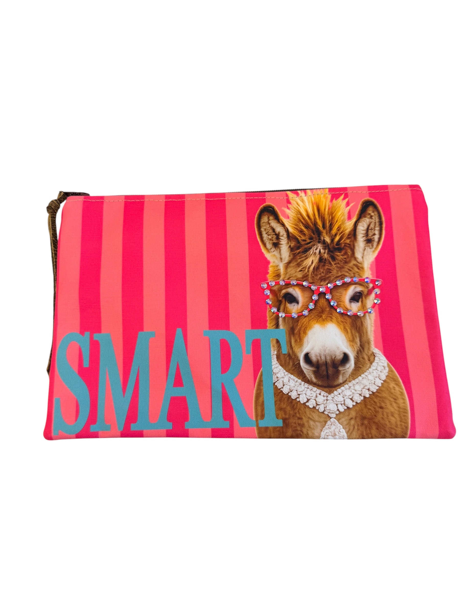 Pink striped Smart Donkey Leather pouch with rhinestone glasses, polka dots, and zipper closure.
