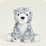 Snow Leopard Warmies® microwavable plush, lavender-scented, weighted for comfort, freezer safe, safe for all ages.