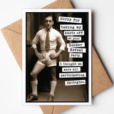 Funny greeting card with man in underwear and humorous gender reveal apology message.