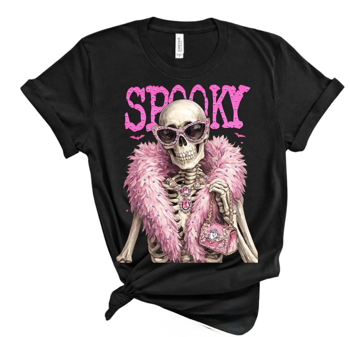 Black Halloween tee with glamorous skeleton, pink SPOOKY lettering, and rhinestone embellishments.