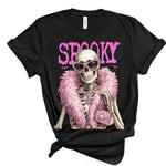 Black Halloween tee with glamorous skeleton, pink SPOOKY lettering, and rhinestone embellishments.