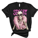 Black Halloween tee with glamorous skeleton, pink SPOOKY lettering, and rhinestone embellishments.