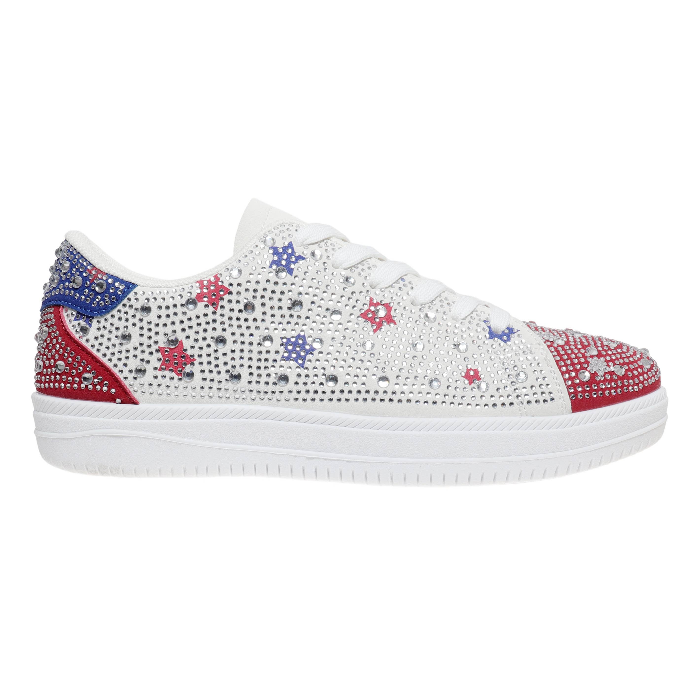 Patriotic sneakers with rhinestones and red white blue star accents.