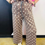 Mocha ribbed wide-leg pants with cream polka dots, drawstring waist, and front patch pockets.