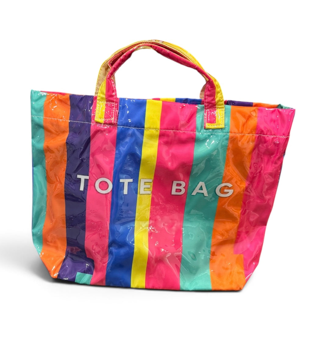 Colorful striped tote bag with glossy water-resistant finish.