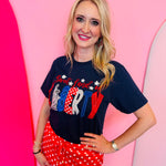 Navy Bella Canvas Sweet Land Of Liberty appliquéd tee with embroidered patriotic graphic on soft preshrunk cotton fabric.