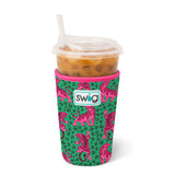 Swig Easy Tiger medium iced cup coolie with pink tiger print and hand strap.