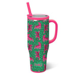 Swig Easy Tiger 40oz mug with pink tigers on green leopard print and flip sip lid.