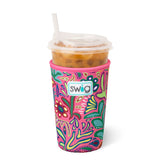 Hot pink floral iced drink coolie with hand strap for cold beverage cups.