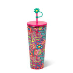 Hot pink floral 24oz tumbler with matching straw and push lid.