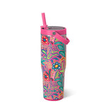 Pink floral 30oz insulated tumbler with leakproof lid, straw, and carry handle.