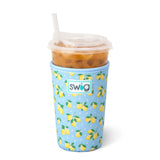 Lemon print insulated iced cup coolie with polka dots and hand strap on sky blue background