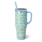 Lemon and polka dot 40oz insulated mega mug with flip sip leakproof lid glitter blue background