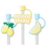 Lemon themed reusable straw topper set with silicone caps and reusable drink straws for tumblers