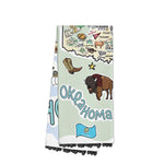 Oklahoma themed cotton tea towel with colorful Fish-Kiss design and state landmarks.